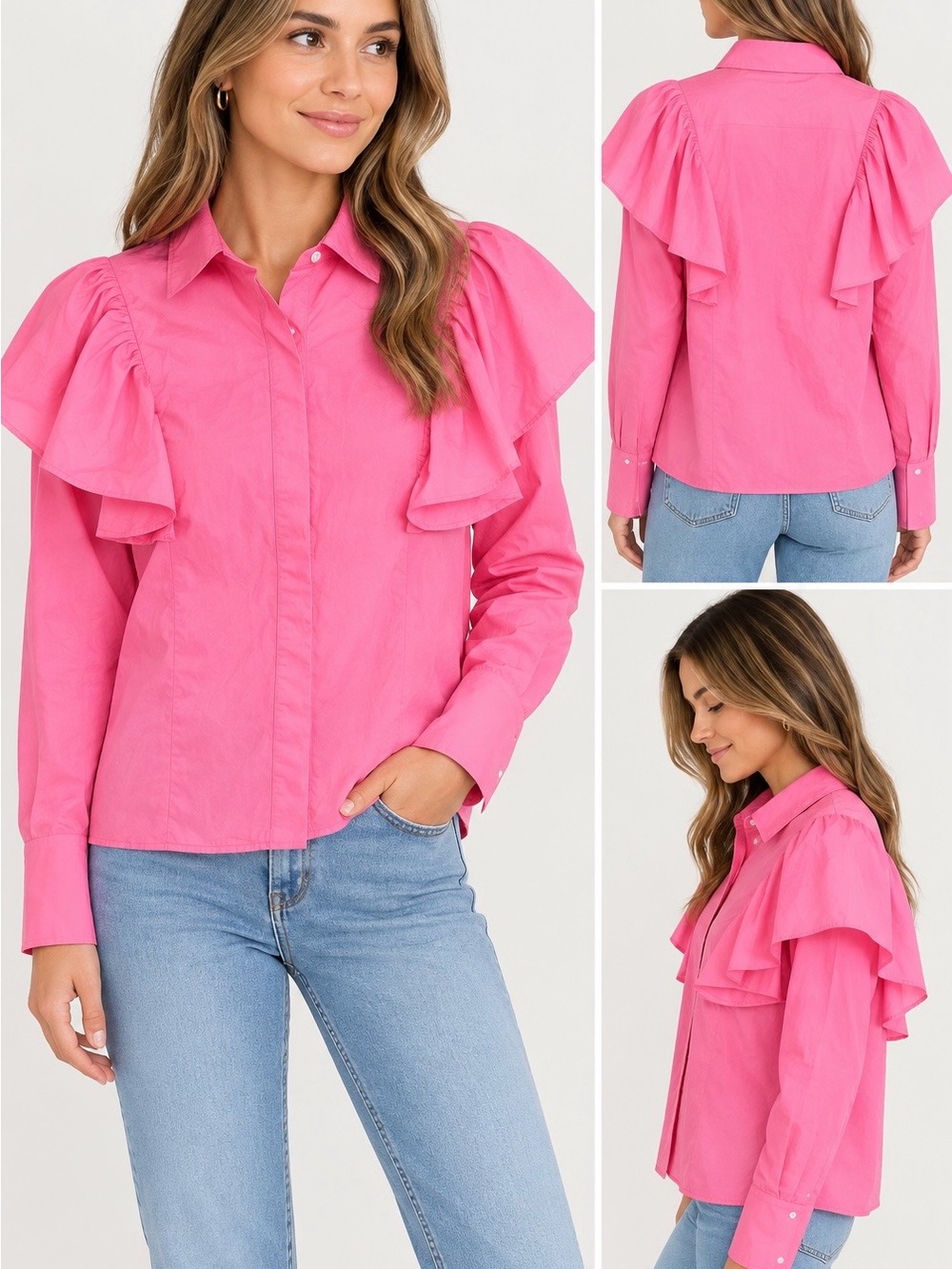 En Saison Pink Ruffle-Shoulder Button Down Shirt